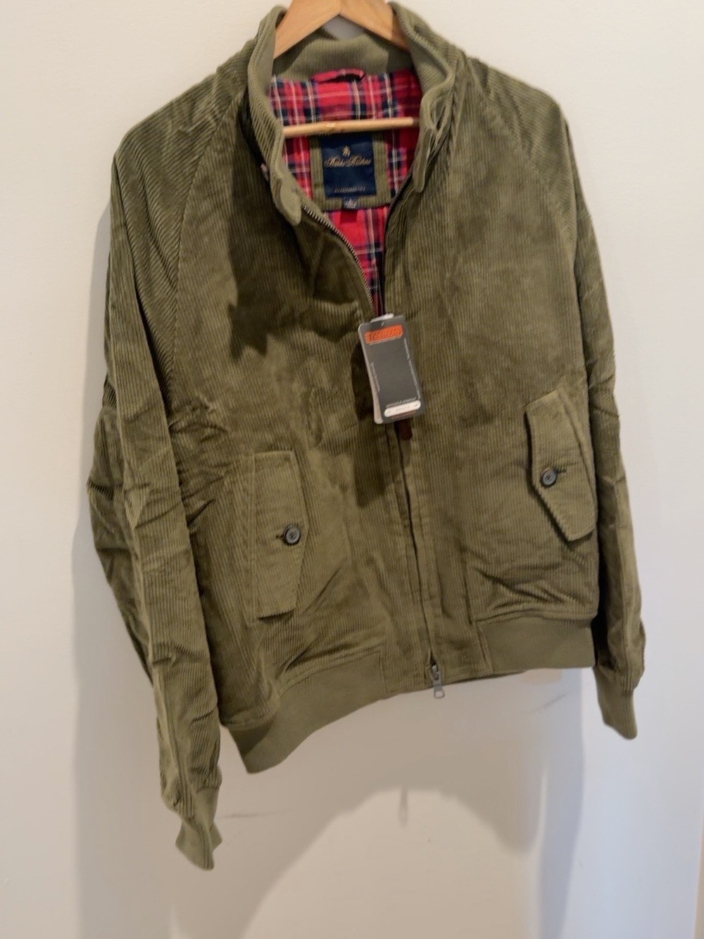 Brooks Brother’s Olive Corduroy Bomber Jacket with Tartan Lining